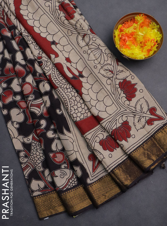 Kalamkari semi silk saree black and maroon with allover prints and zari woven border
