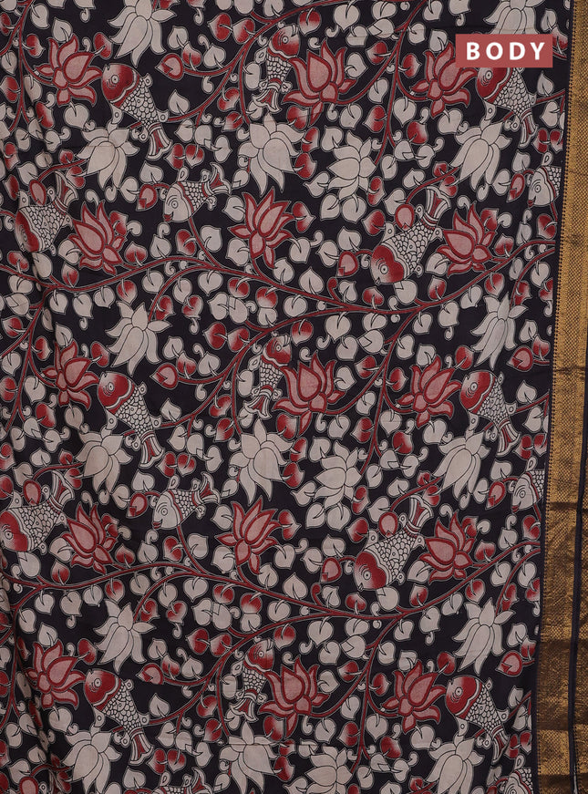 Kalamkari semi silk saree black and maroon with allover prints and zari woven border