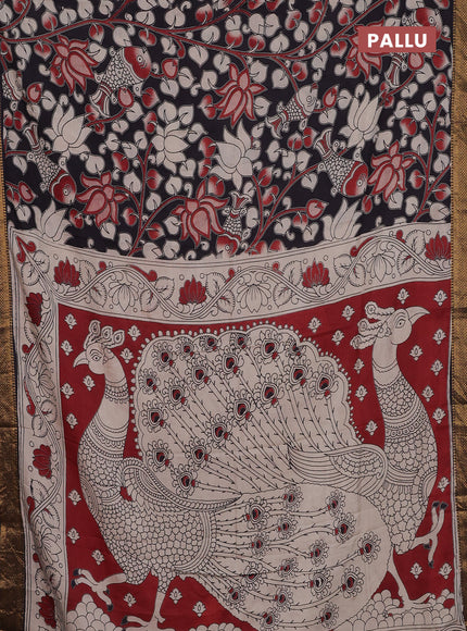 Kalamkari semi silk saree black and maroon with allover prints and zari woven border
