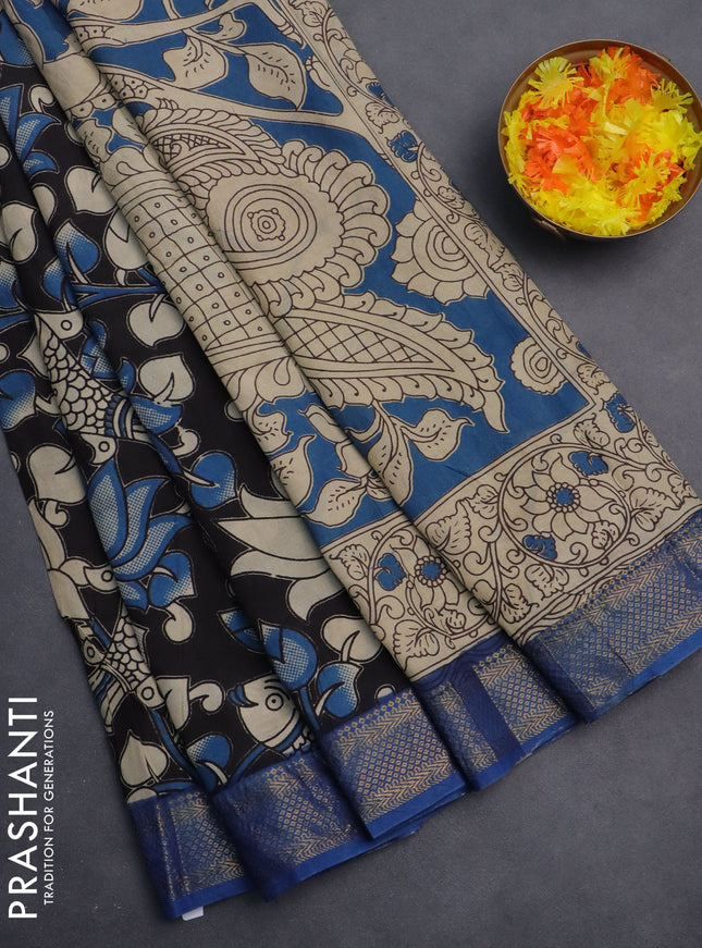 Kalamkari semi silk saree black and cs blue with allover prints and zari woven border