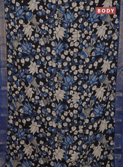 Kalamkari semi silk saree black and cs blue with allover prints and zari woven border