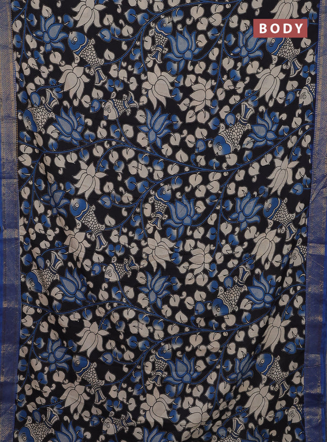 Kalamkari semi silk saree black and cs blue with allover prints and zari woven border