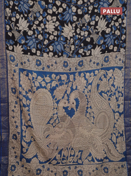 Kalamkari semi silk saree black and cs blue with allover prints and zari woven border