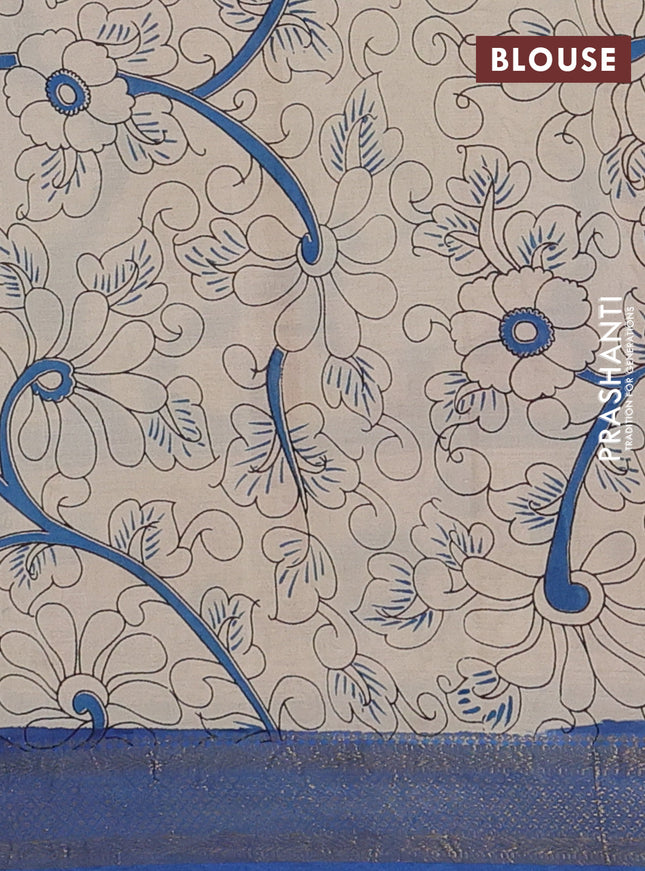 Kalamkari semi silk saree black and cs blue with allover prints and zari woven border