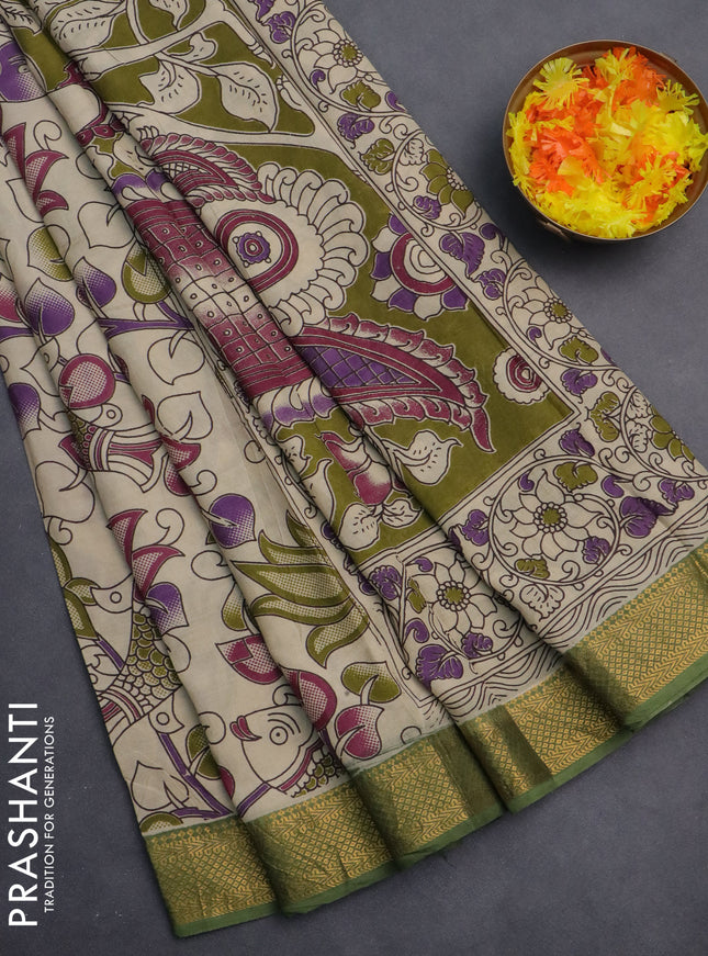 Kalamkari semi silk saree beige and green with allover prints and zari woven border