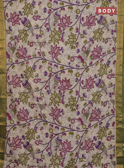 Kalamkari semi silk saree beige and green with allover prints and zari woven border
