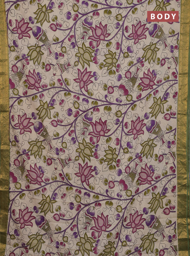 Kalamkari semi silk saree beige and green with allover prints and zari woven border