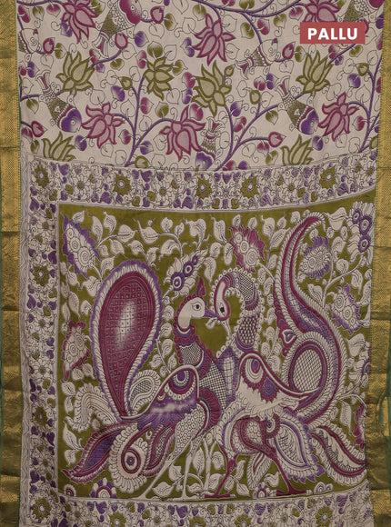 Kalamkari semi silk saree beige and green with allover prints and zari woven border