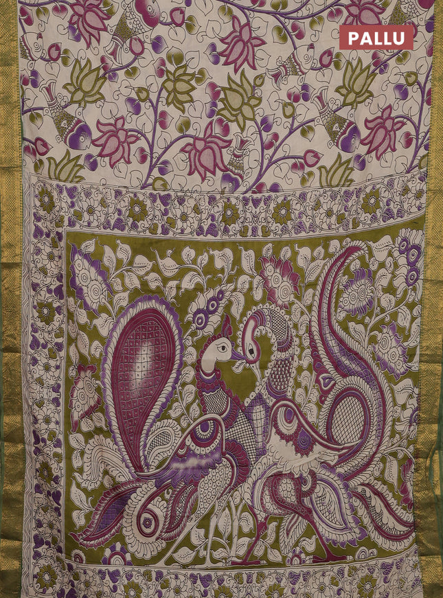 Kalamkari semi silk saree beige and green with allover prints and zari woven border