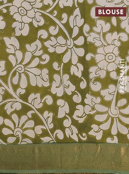 Kalamkari semi silk saree beige and green with allover prints and zari woven border