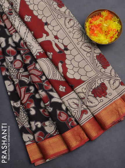 Kalamkari semi silk saree black and maroon with allover prints and zari woven border