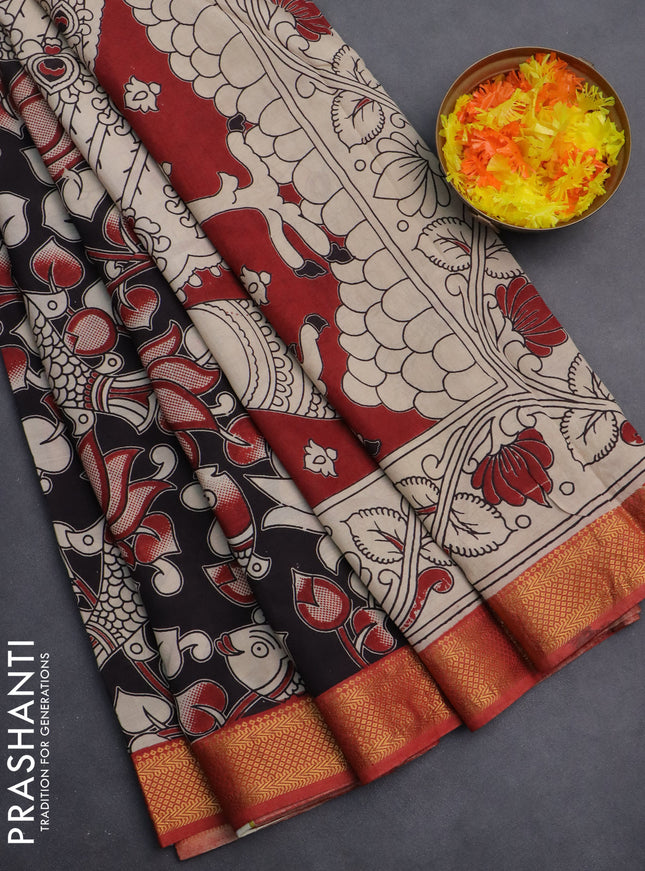 Kalamkari semi silk saree black and maroon with allover prints and zari woven border