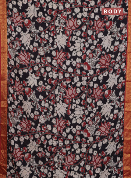 Kalamkari semi silk saree black and maroon with allover prints and zari woven border