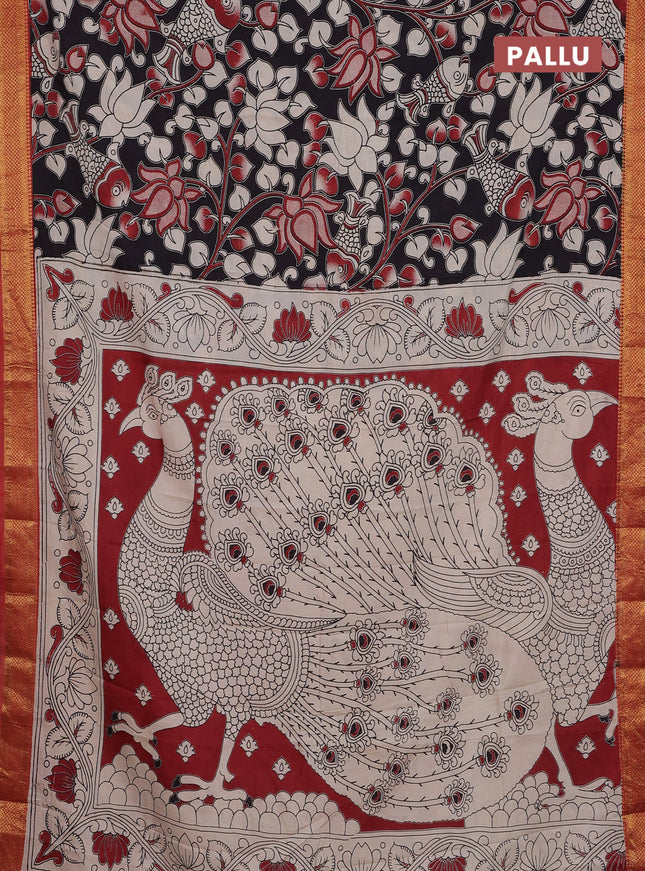 Kalamkari semi silk saree black and maroon with allover prints and zari woven border