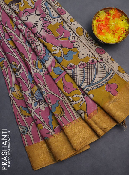 Kalamkari semi silk saree pink and dark mustard with allover prints and zari woven border