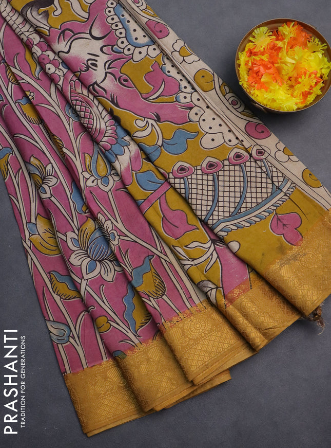 Kalamkari semi silk saree pink and dark mustard with allover prints and zari woven border