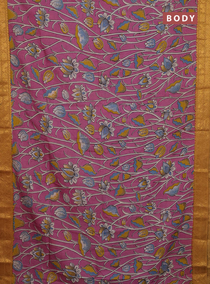 Kalamkari semi silk saree pink and dark mustard with allover prints and zari woven border
