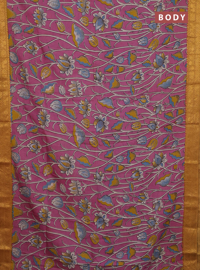 Kalamkari semi silk saree pink and dark mustard with allover prints and zari woven border