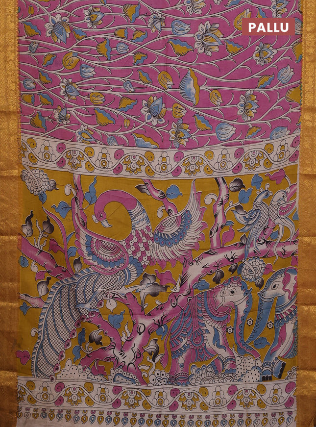 Kalamkari semi silk saree pink and dark mustard with allover prints and zari woven border
