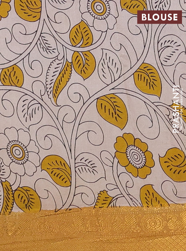 Kalamkari semi silk saree pink and dark mustard with allover prints and zari woven border