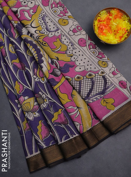 Kalamkari semi silk saree violet and black with allover prints and zari woven border