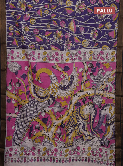 Kalamkari semi silk saree violet and black with allover prints and zari woven border