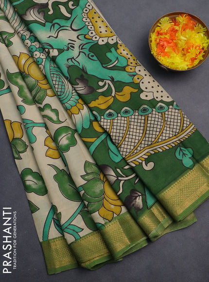 Kalamkari semi silk saree beige and green with allover prints and zari woven border