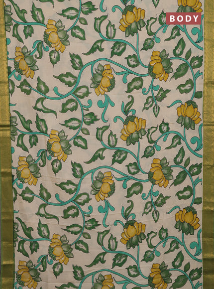 Kalamkari semi silk saree beige and green with allover prints and zari woven border