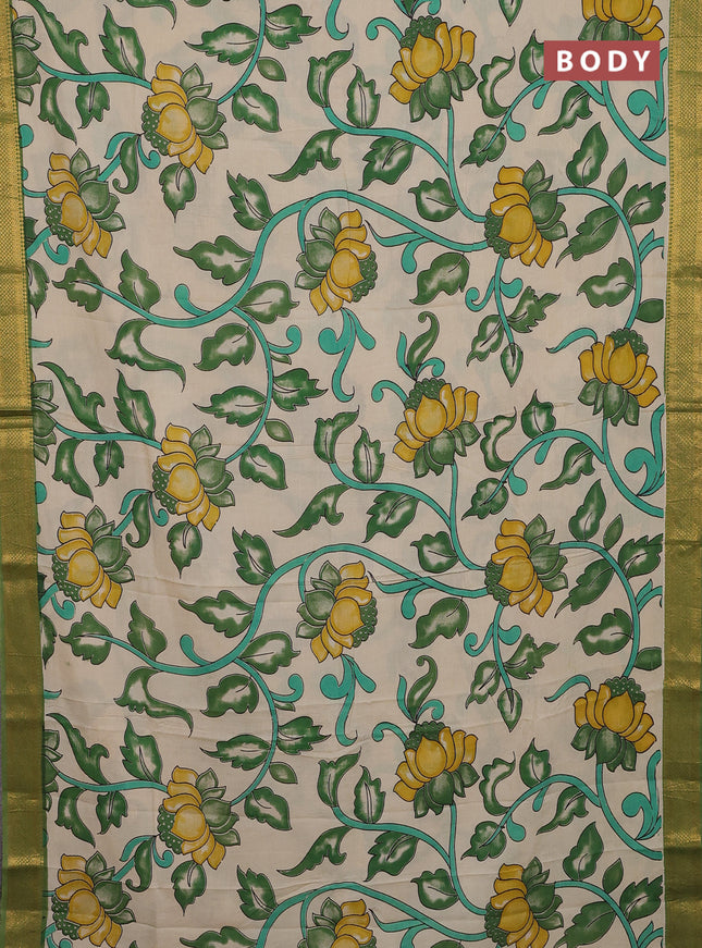 Kalamkari semi silk saree beige and green with allover prints and zari woven border
