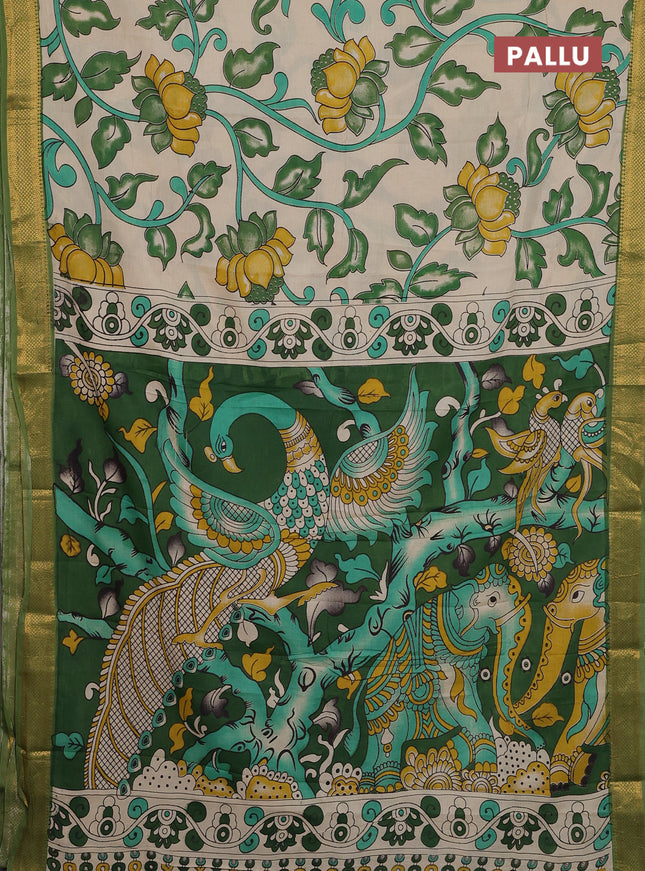 Kalamkari semi silk saree beige and green with allover prints and zari woven border