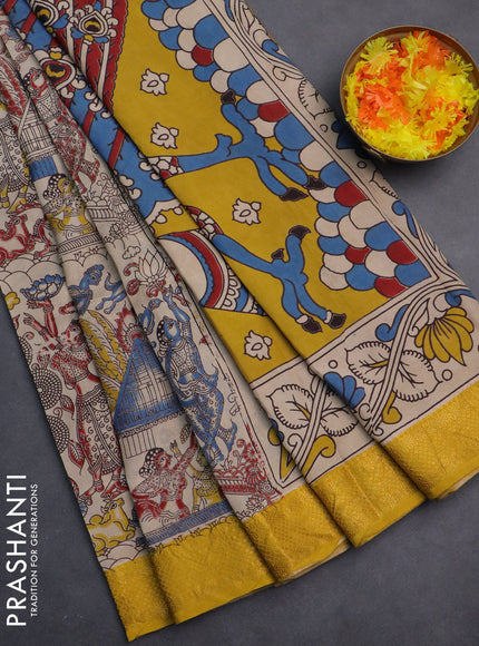 Kalamkari semi silk saree beige and mustard yellow with allover prints and zari woven border