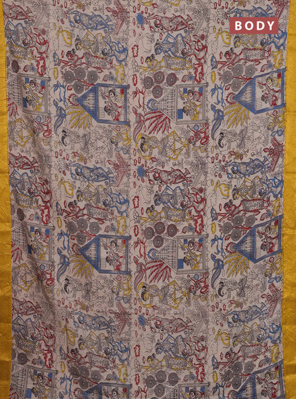 Kalamkari semi silk saree beige and mustard yellow with allover prints and zari woven border