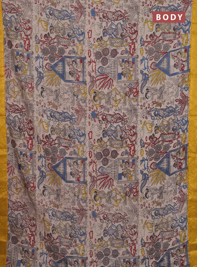 Kalamkari semi silk saree beige and mustard yellow with allover prints and zari woven border