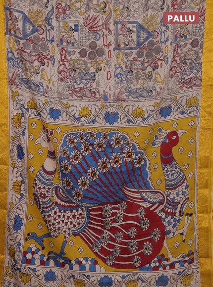 Kalamkari semi silk saree beige and mustard yellow with allover prints and zari woven border