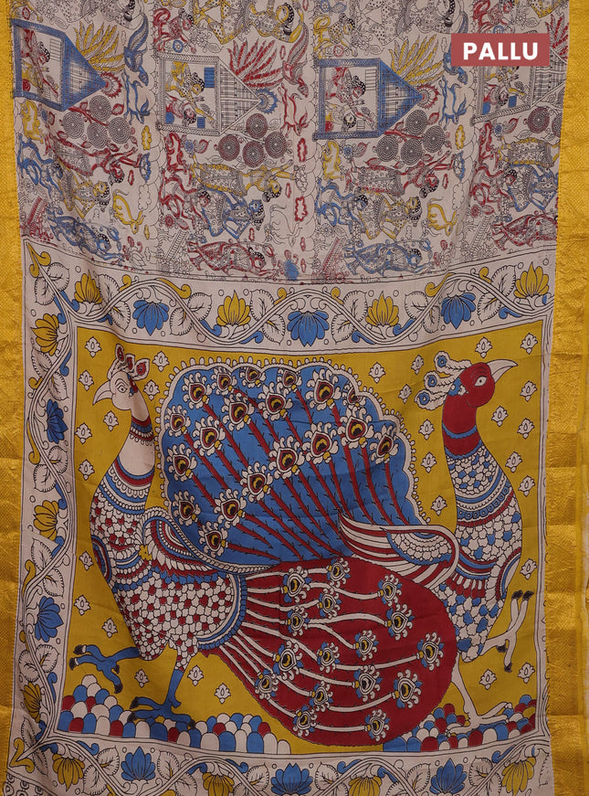 Kalamkari semi silk saree beige and mustard yellow with allover prints and zari woven border