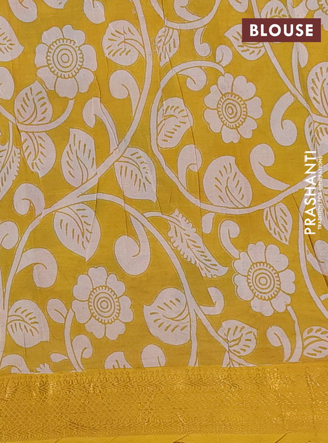 Kalamkari semi silk saree beige and mustard yellow with allover prints and zari woven border