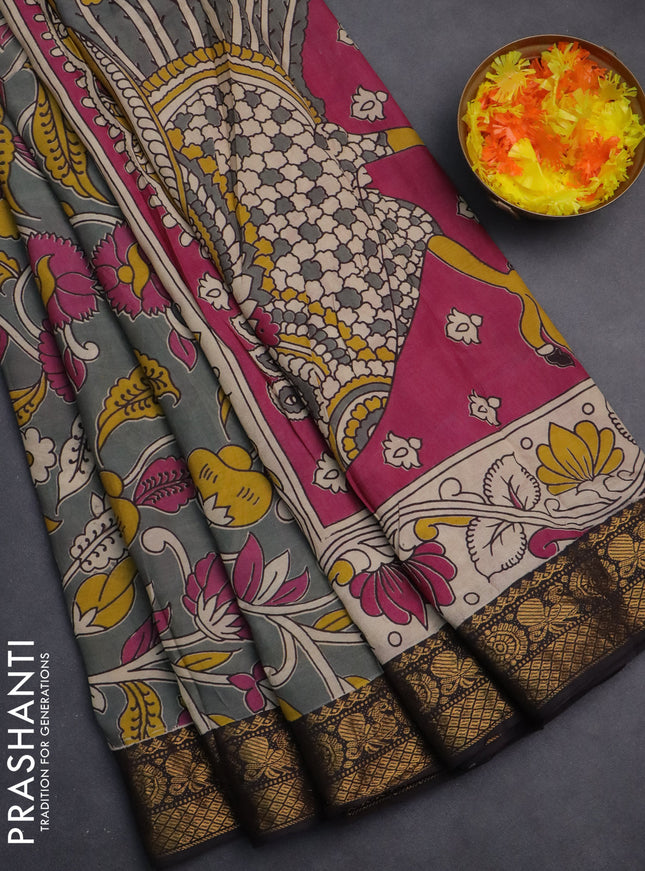 Kalamkari semi silk saree grey and black with allover prints and zari woven border