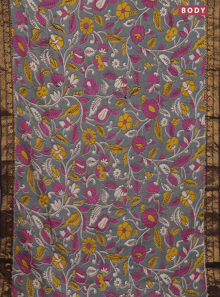 Kalamkari semi silk saree grey and black with allover prints and zari woven border