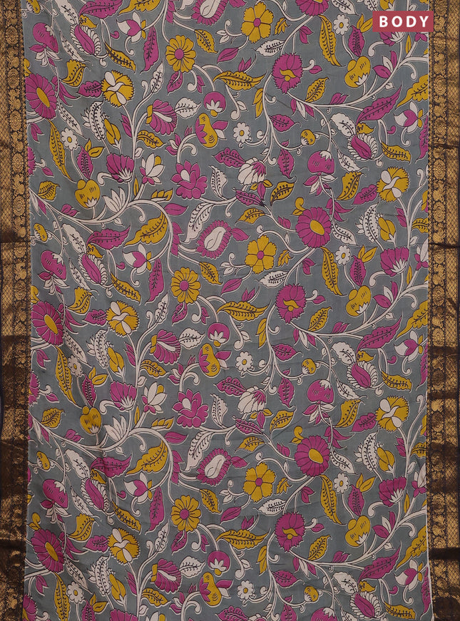 Kalamkari semi silk saree grey and black with allover prints and zari woven border