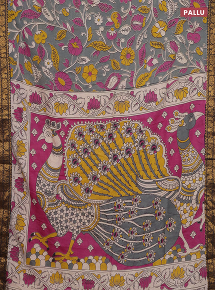 Kalamkari semi silk saree grey and black with allover prints and zari woven border
