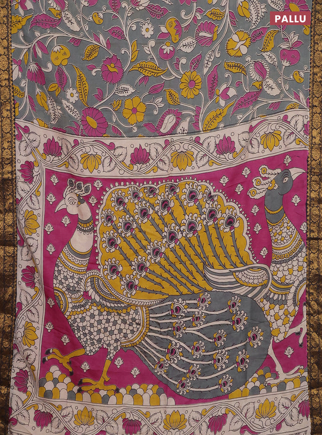 Kalamkari semi silk saree grey and black with allover prints and zari woven border