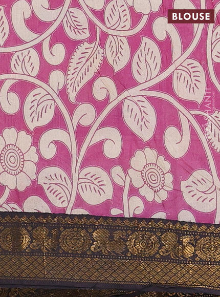 Kalamkari semi silk saree grey and black with allover prints and zari woven border