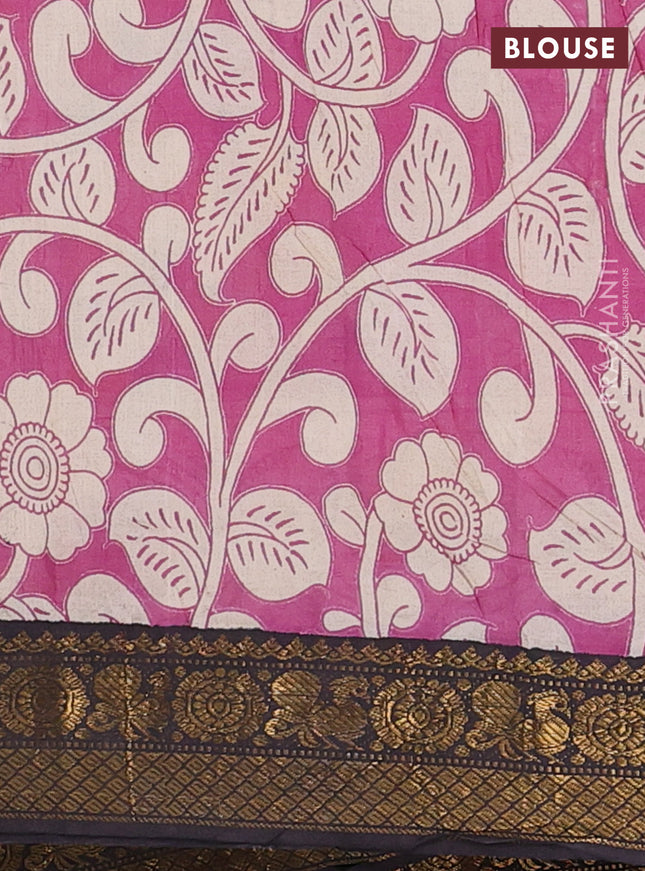 Kalamkari semi silk saree grey and black with allover prints and zari woven border