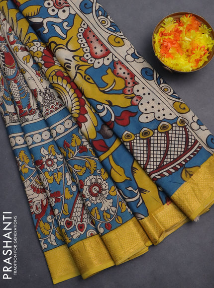 Kalamkari semi silk saree teal blue and yellow with allover prints and zari woven border