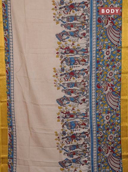 Kalamkari semi silk saree teal blue and yellow with allover prints and zari woven border