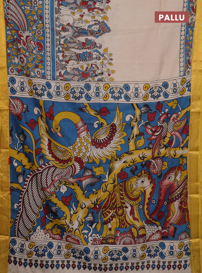 Kalamkari semi silk saree teal blue and yellow with allover prints and zari woven border