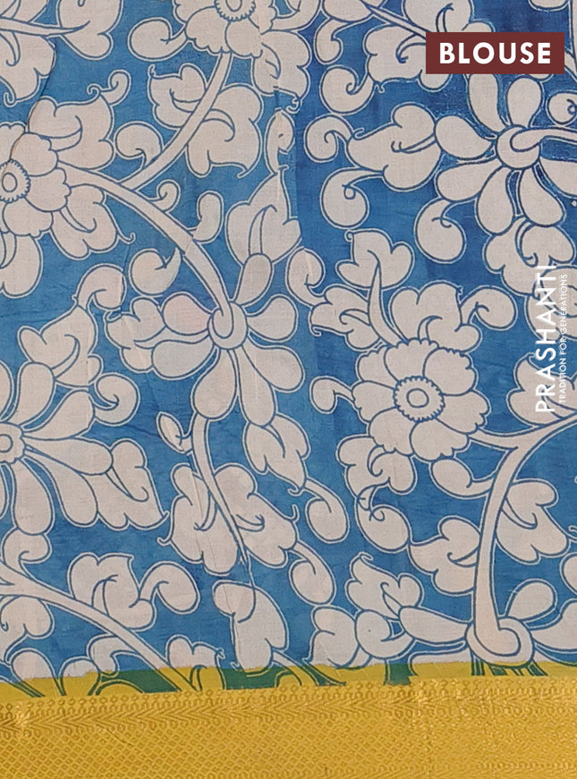 Kalamkari semi silk saree teal blue and yellow with allover prints and zari woven border