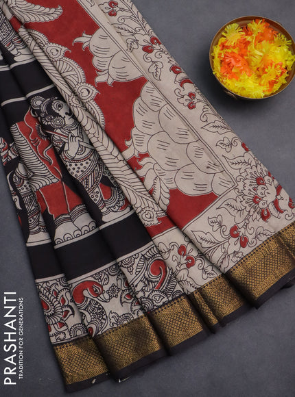 Kalamkari semi silk saree black and beige with allover prints and zari woven border