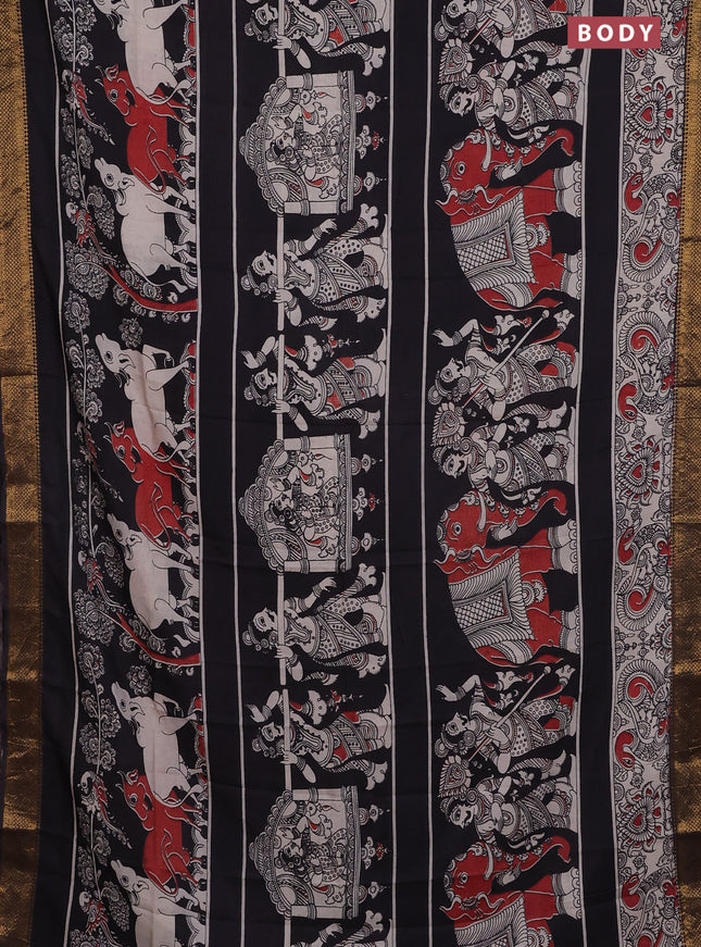 Kalamkari semi silk saree black and beige with allover prints and zari woven border