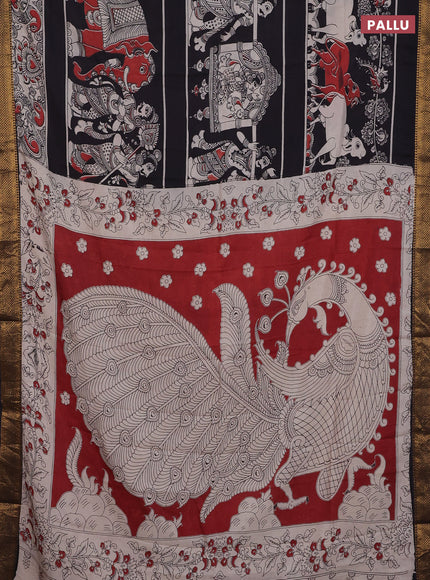 Kalamkari semi silk saree black and beige with allover prints and zari woven border